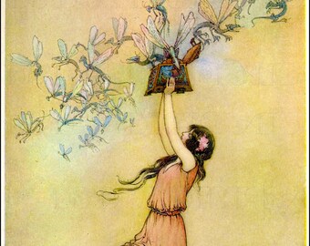 Pandora Letting Winged Creatures Go. Fairy Tale Vintage DIGITAL Illustration. Fairy Tale Digital Download. Digital PRINT. Warwick Goble.