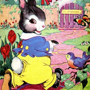 Conejo Peter grande y colorido. Ilustración vintage de conejo. Descarga digital. Impresión de libro vintage.