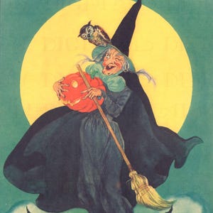 Illustrazione vintage di una strega di Halloween: gatti neri, download digitale