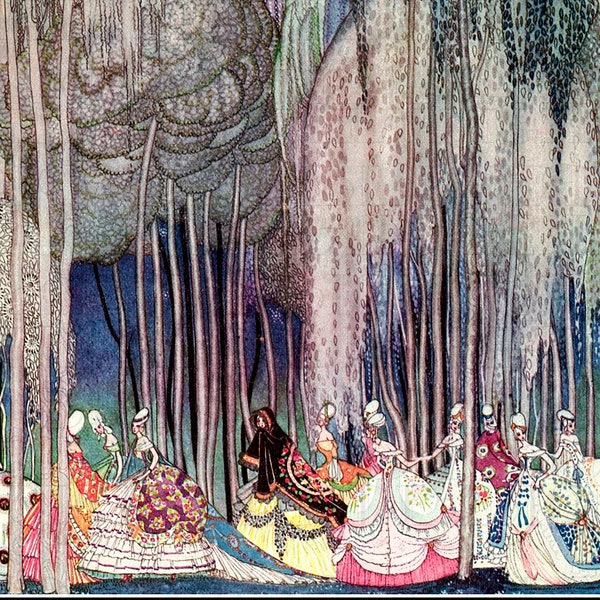 Princesses qui dansent ! RARE Art Déco Kay Nielsen//VINTAGE Conte de fées Illustration NUMÉRIQUE/En poudre et crinoline. De la première édition.