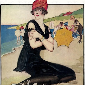Vintage Art Deco Flapper Beach Illustration: Digital Download, Printable Art