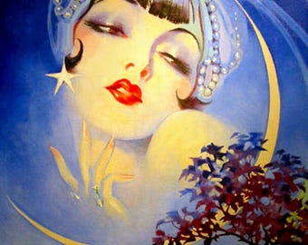 Stunning Flapper In Soft Half MOON! 1920s Vintage Illustration. Vintage Flapper Digital Download. Vintage Art Deco Flapper Illustration.