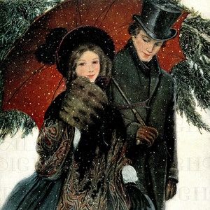 Lief Victoriaans PAAR dat in de sneeuw wandelt. VINTAGE illustratie. Digitale winterdownload. Nieuwjaar. Digitale kerstafdruk.