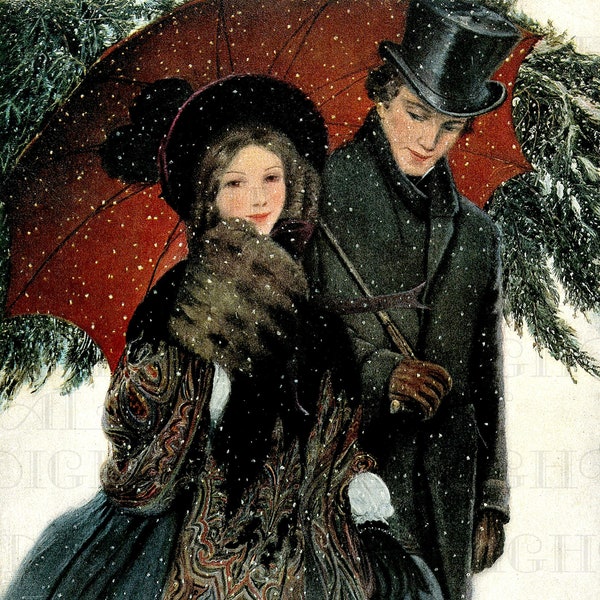 Sweet Victorian COUPLE Strolling In Snow. VINTAGE Illustration. Winter Digital Download. New Year. Christmas Digital Print.