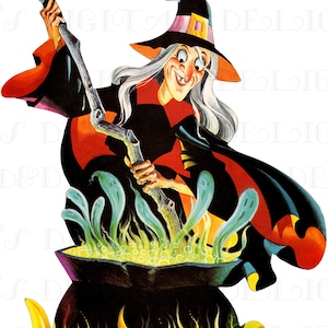 Mad WITCH Strirring Up Ghosts Halloween Die Cut. Halloween Digital Download. HALLOWEEN Vintage Illustration. Digital Witch To Print