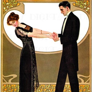 Edwardian Flapper Illustration: Bashful Couple Vintage Art Print (Digital Download)