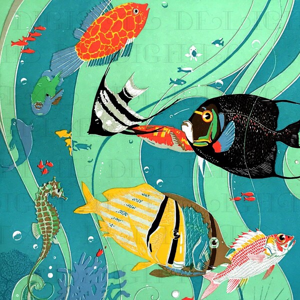 NEON FISH! Vintage Mid-Century Illustration. Vintage DIGITAL Retro Digital illustration Download. Digital Fish Print