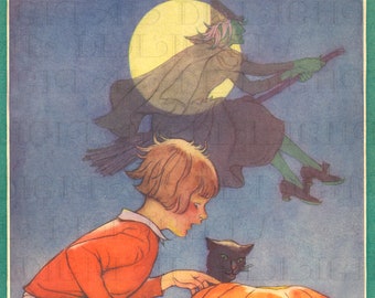 RARE! Witch Whisks By! Halloween Magazine Illustration! Vintage HALLOWEEN Digital Download. Halloween Digital Print. From ORIGINAL!