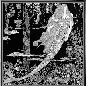 May include: Black and white illustration of a mermaid with long flowing hair, holding a goblet. She is surrounded by intricate details and patterns, including fish, flowers, and other aquatic creatures.