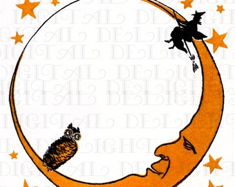 Half Moon Witch and Owl! Vintage Halloween CREPE Paper Illustration! Vintage HALLOWEEN Digital Download. Scanned from ORIGINAL!