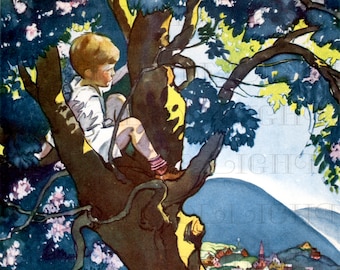 Climbing Trees! Vintage Child Illustration. Little Boy Vintage Digital DOWNLOAD. Printable Image. From FIRST Edition!