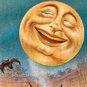 Enorme e spassosa LUNA DI HALLOWEEN! Streghe che ballano! Scarica cartolina antica digitale di Halloween. Illustrazione DIGITALE di Halloween vintage.