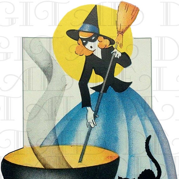 BEWITCHING In Blue! Art Deco Halloween Flapper. Vintage HALLOWEEN  Illustration. Digital Halloween Download. Vintage Bridge Tally.