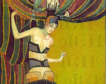 Exotic Art Deco FLAPPER In Her Boudoir. Deco Vintage Illustration. Vintage Deco DIGITAL Download. Art Deco Flapper Vintage Print.