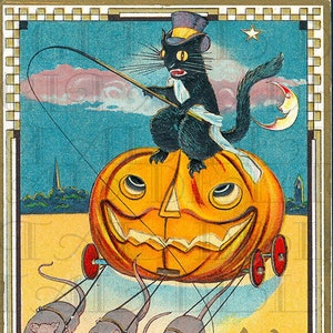 ¡Jack O Lantern inusual conducido por ratones/gato! Descarga digital de Halloween VINTAGE. Ilustración de HALLOWEEN vintage. Arte de Halloween para imprimir