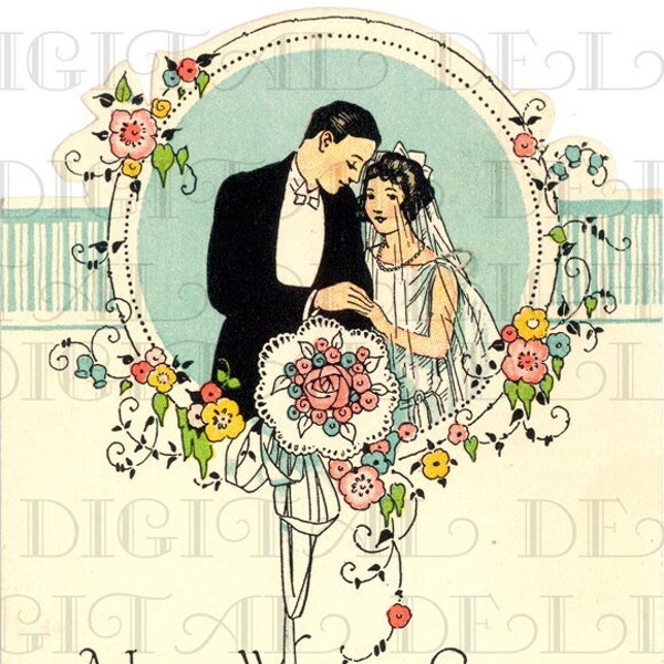 Gorgeous Bride and Groom. 1920s Bride Flapper VINTAGE Illustration. Art Deco Wedding  DIGITAL Download. Perfect For Invites