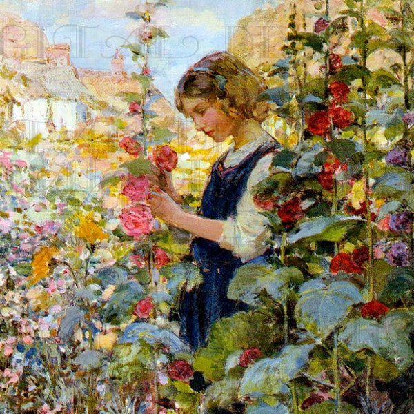STUNNING Gorgeous Girl Amongst Flowers in Garden. Digital Garden Vintage ILLUSTRATION.  Vintage Digital Flowers  Download.