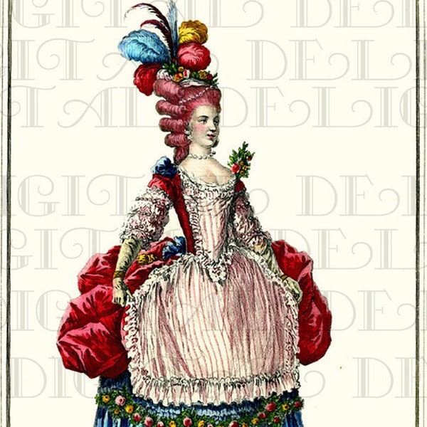 Red-Headed Marie Antoinette. VINTAGE French Fashion DIGITAL Illustration. Digital Download. Marie Antoinette Print