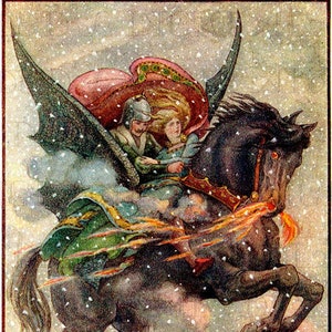 FLYING Horse and Royalty In Snow. Fairy Tale Vintage Illustration. Fairy Tale Digital Download. Digital Fairy Tale Download.