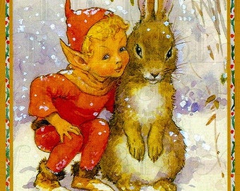 Adorable Little Boy Elf and His Big Bunny Friend. Vintage Illustration. Vintage Digital Download. Vintage Fairy Illustration. Art To Print.