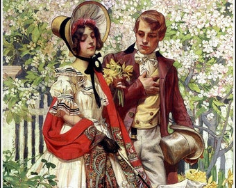 Regency/Early Victorian SPRING Walk! Romantic Couple Vintage Illustration. Vintage Digital Download.  Spring Digital Print.