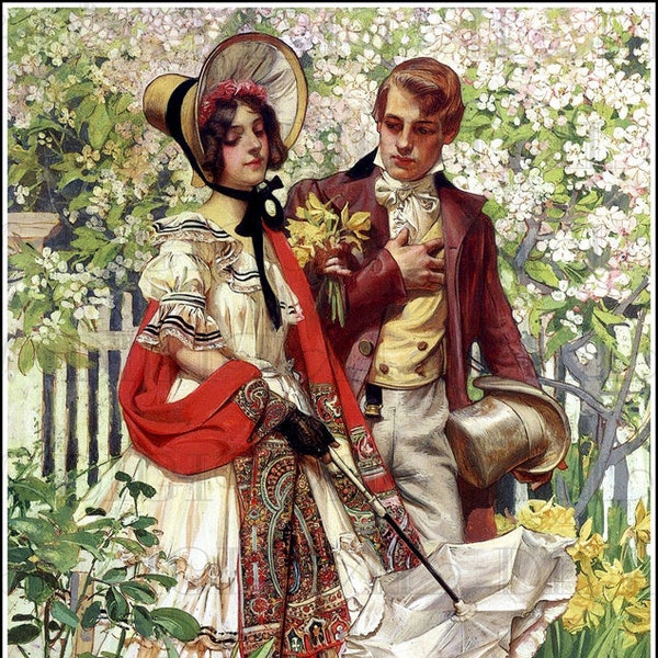 Regency/Early Victorian SPRING Walk! Romantic Couple Vintage Illustration. Vintage Digital Download.  Spring Digital Print.