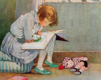 Enchanting! Girl Reads While Doll Lays At Her Feet. Honor Appleton Vintage Illustration Digital Download.