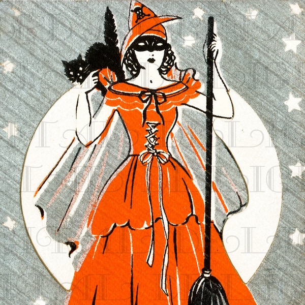 1930s. Costumed WITCH And Black Cat . Vintage Digital HALLOWEEN/Mardi Gras/New Year's Eve Download. Art Deco Bridge Tally