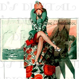 Vakantie te land of ter zee? Franse flirterige FLAPPER vintage reisillustratie. Art Deco Flapper digitale download. Perfect voor Bon Voyage-kaarten!