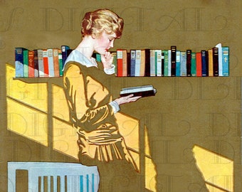 Gorgeous Art Deco Lady READING. Vintage Books  ILLUSTRATION.  Reading DIGITAL Download. Vintage Coles Phillips Print.