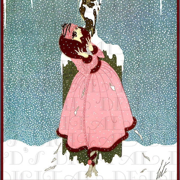 STUNNING Snow Scene. ERTE Art Deco Flapper. Fashion Book Plate. Vintage Illustration. Art Deco DIGITAL Download.