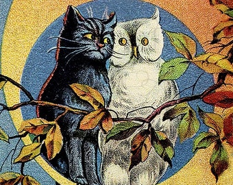 Ilustración vintage de Halloween: Gato y búho enamorados (Descarga digital)