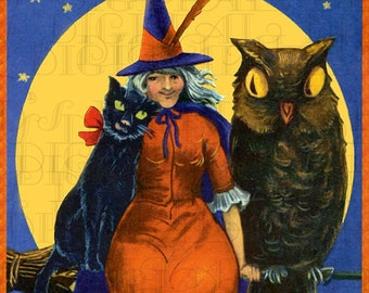 WITCH, Big Eyed Owl and Black Cat VINTAGE Illustration. Vintage Halloween Digital Download. Vintage HALLOWEEN Postcard Digital Download.