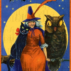 Ilustración vintage de bruja, búho de ojos grandes y gato negro. Descarga digital vintage de Halloween. Descarga digital vintage de postal de Halloween.
