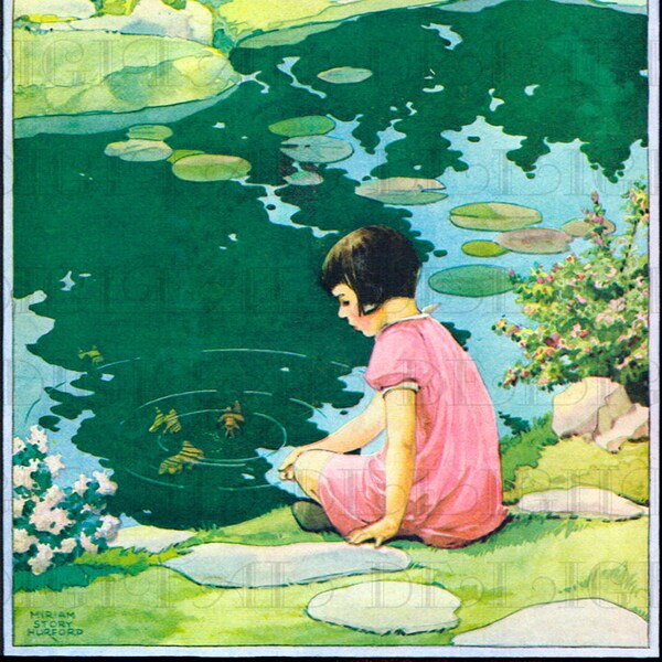 Placid Calm Pond With Little Girl. Vintage Flower/Garden Illustration. Digital Garden DOWNLOAD.  Art To Print, Paper Crafts, Scrapbooking.