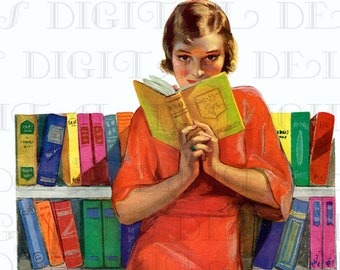 Colorful READING. 1920s Flapper  Vintage Illustration.  Reading Digital Download. Vintage  Digital Print