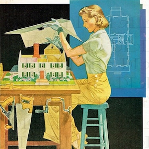 Ilustración digital vintage de los años 40 sobre la construcción de una casa. Descarga digital de una mujer maravillosa trabajando. ¡Perfecta para tarjetas de inauguración de la casa!
