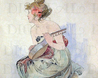 Pastel MUCHA Maiden.  Gorgeous Art Nouveau Illustration. Vintage Digital Art Nouveau Download. Mucha Digital Print