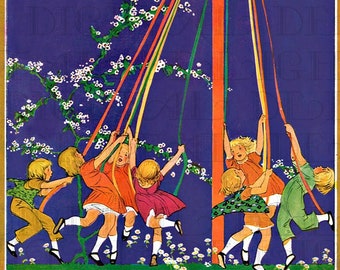 Colorful Children Around The May Pole.  MAY DAY Vintage Illustration. DIGITAL  Download. Vintage May Day Print. Jessie Wilcox Smith