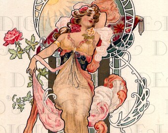 Gorgeous ROSE Art Nouveau Lady. Vintage Digital Art Nouveau ILLUSTRATION. Digital Art Nouveau DOWNLOAD.