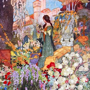 May include: A woman in a green dress stands in a garden with a variety of flowers, including white roses, purple wisteria, and yellow lilies. The garden is surrounded by a stone wall and a building in the background.