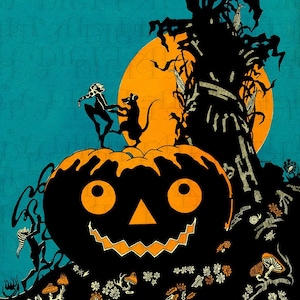 Puede incluir: Una calabaza negra con una amplia sonrisa y ojos naranjas se sienta frente a una silueta de un tallo de maíz y una luna llena. El fondo es de color azul turquesa.