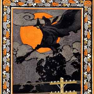 Very RARE Flying Witch  Magazine Cover.  Halloween DIGITAL Download.  HALLOWEEN Vintage Illustration. 2 Versions/1 price!