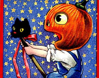 Vintage Halloween Postcard: Flying Jack O' Lantern Illustration (Digital Download)