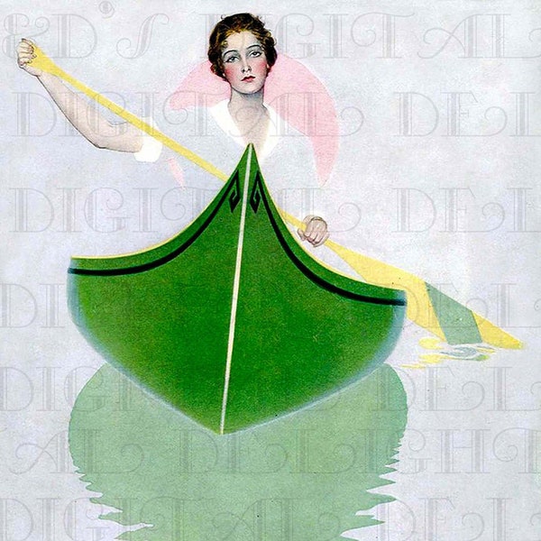 Rowing In The Mist. Art Deco Flapper VINTAGE  Illustration. Deco Flapper DIGITAL Download. Digital Flapper Print. COLES Phillips!