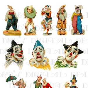 Clowns antiques ! COLLAGE numérique imprimable de clown de cirque. Collage d'art clip numérique. Pour tous les projets d'artisanat. Fabrication de cartes, Art retouché, Images clipart