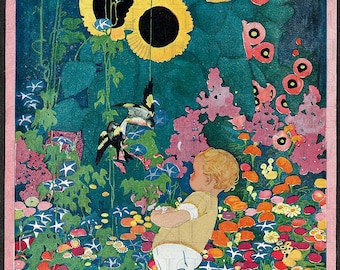 Lush GARDEN Illustration! Vintage DIGITAL Garden DOWNLOAD. Vintage Garden 1920 Magazine Cover Print. Art To Print