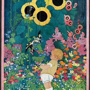 May include: A vibrant illustration depicting a child in a yellow top and white shorts, observing a garden with sunflowers, flowers, and birds. The artwork is framed with a pink border.