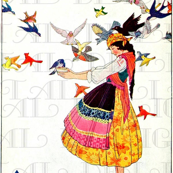 Flying Beautiful Birds. Fairy Tale Vintage DIGITAL Illustration. Digital Download.