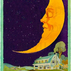 MAN in the HALF Moon! Vintage Moon and Cottage Illustration! Vintage Digital Download. Vintage Digital Print.